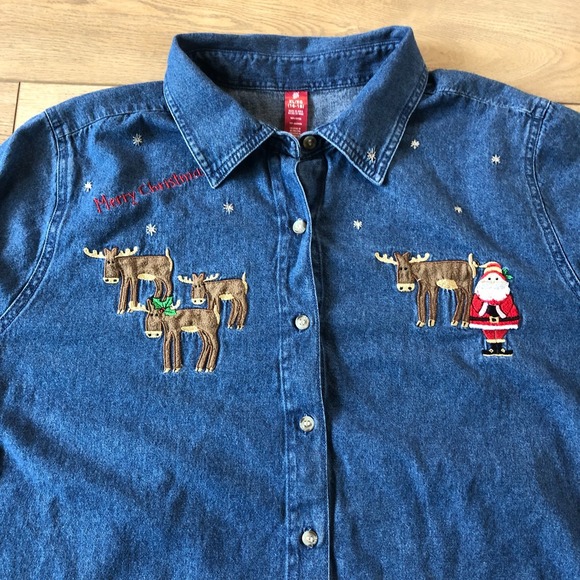The Unbranded Brand Tops - Christmas Denim Shirt Button Shacket Santa Reindeer Embroidered Teacher Soft‎ XL